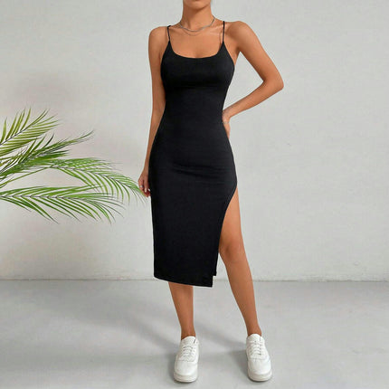 Women's Sexy Bodycon Split Midi Dress Backless Sleeveless Spaghetti Strap Club Party Dress