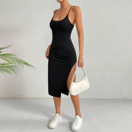 Women's Sexy Bodycon Split Midi Dress Backless Sleeveless Spaghetti Strap Club Party Dress