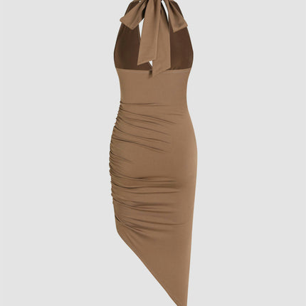 Women's Sexy Asymmetrical Hem Dress Backless Halter V Neck Ruched Bodycon Midi Dress