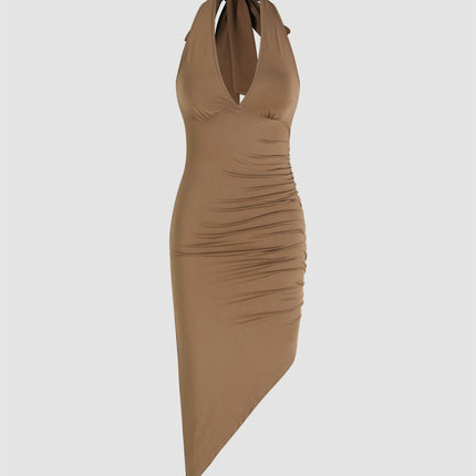 Women's Sexy Asymmetrical Hem Dress Backless Halter V Neck Ruched Bodycon Midi Dress