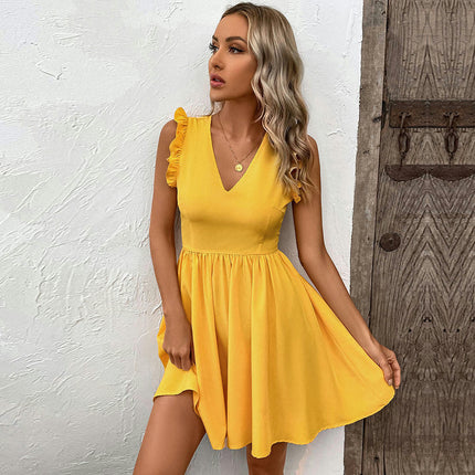 Womens Summer Sundress V-Neck Sleeveless Tie Backless A Line Flowy Mini Dress