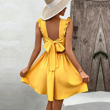 Womens Summer Sundress V-Neck Sleeveless Tie Backless A Line Flowy Mini Dress