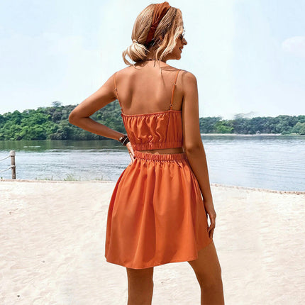 Women's Casual Spaghetti Strap Sleeveless Mini Dresses Cut Out Elastic Waist Short Dress