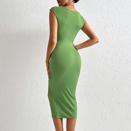 Women's Crew Neck Sleeveless Midi Dress Cutout Twist Front Bodycon Slit Dresses