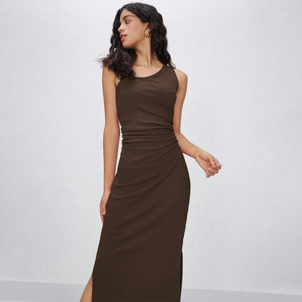 Women's Sexy Ruched Bodycon Midi Dresses Sleeveless Backless Split Cocktail Party Dress
