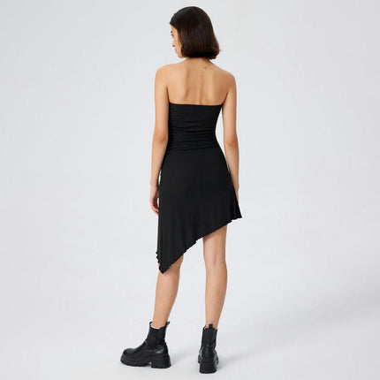 Women's Summer Sleeveless Strapless Mini Dress Ruched Bodycon Asymmetrical Hem Tube Dresses