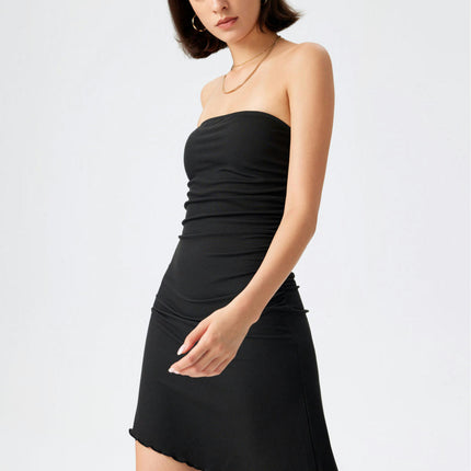 Women's Summer Sleeveless Strapless Mini Dress Ruched Bodycon Asymmetrical Hem Tube Dresses