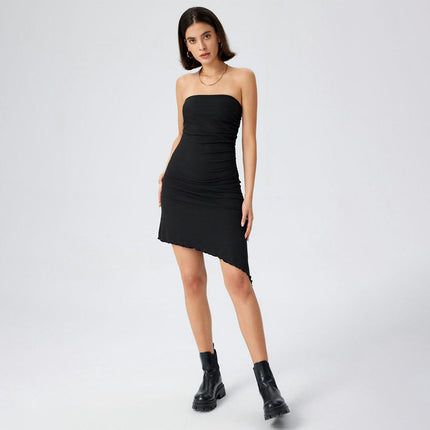 Women's Summer Sleeveless Strapless Mini Dress Ruched Bodycon Asymmetrical Hem Tube Dresses