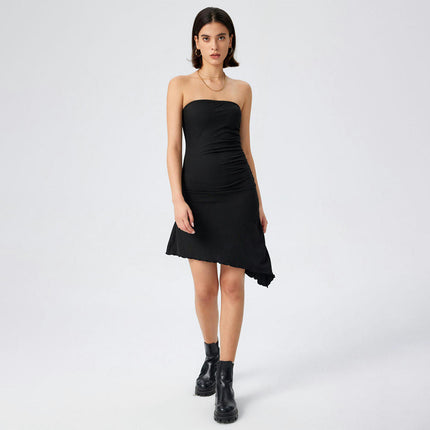 Women's Summer Sleeveless Strapless Mini Dress Ruched Bodycon Asymmetrical Hem Tube Dresses
