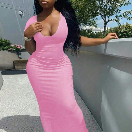 Women's Deep V Neck Long Bodycon Dress Summer Casual Short Sleeve Club Party Maxi Dresses