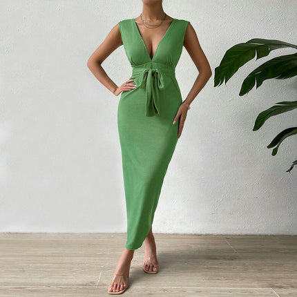 Women's Sexy V Neck Backless Maxi Dress Ruched Split Sleeveless Cocktail Party Dress