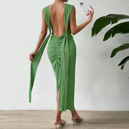 Women's Sexy V Neck Backless Maxi Dress Ruched Split Sleeveless Cocktail Party Dress