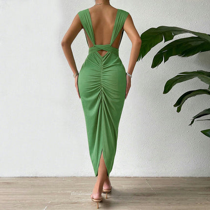 Women's Sexy V Neck Backless Maxi Dress Ruched Split Sleeveless Cocktail Party Dress
