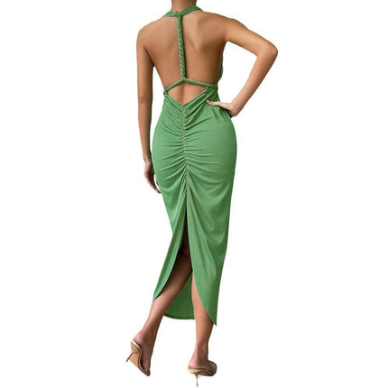Women's Sexy V Neck Backless Maxi Dress Ruched Split Sleeveless Cocktail Party Dress