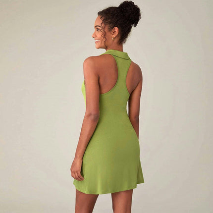 Women Summer Casual Lapel V Neck Dress Sleeveless A Line Bodycon Mini Dresses