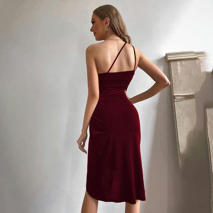 Women's Sleeveless One Shoulder Bodycon Ruched Split Midi Velvet Dress Party Cocktail Dressess