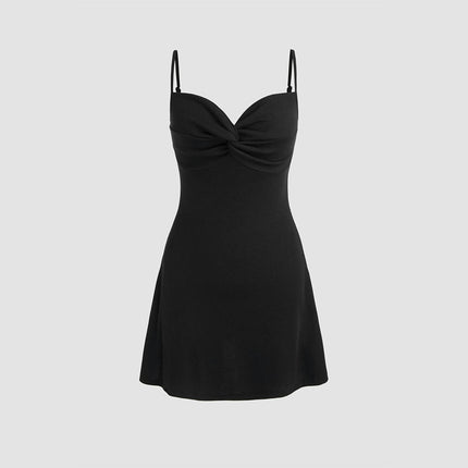 Women's Sexy Sleeveless Ruched Bodycon Spaghetti Strap Twist Front Mini Club Party Dresses
