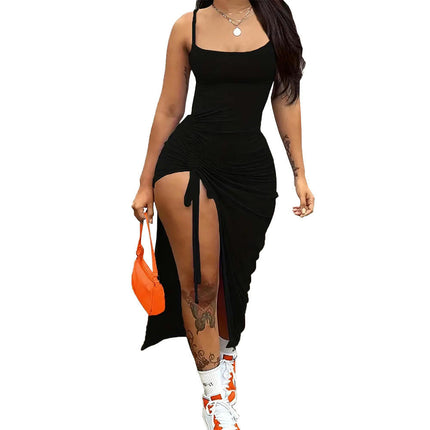 Women's Spaghetti Strap Bodycon Drawstring Ruched Split Midi Dress Party Club Dressess
