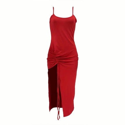 Women's Spaghetti Strap Bodycon Drawstring Ruched Split Midi Dress Party Club Dressess