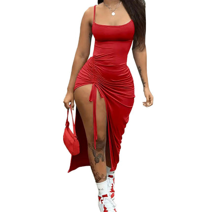 Women's Spaghetti Strap Bodycon Drawstring Ruched Split Midi Dress Party Club Dressess