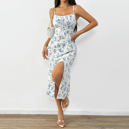 Women's Floral Summer Dresses Spaghetti Straps Square Neck Casual Split Midi Dress