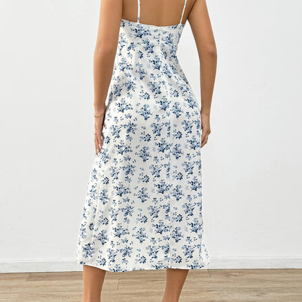 Women's Floral Summer Dresses Spaghetti Straps Square Neck Casual Split Midi Dress