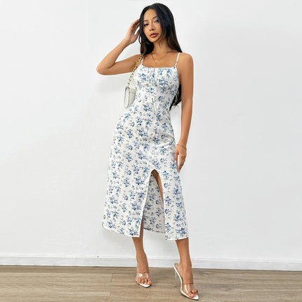 Women's Floral Summer Dresses Spaghetti Straps Square Neck Casual Split Midi Dress
