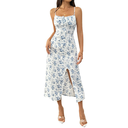 Women's Floral Summer Dresses Spaghetti Straps Square Neck Casual Split Midi Dress