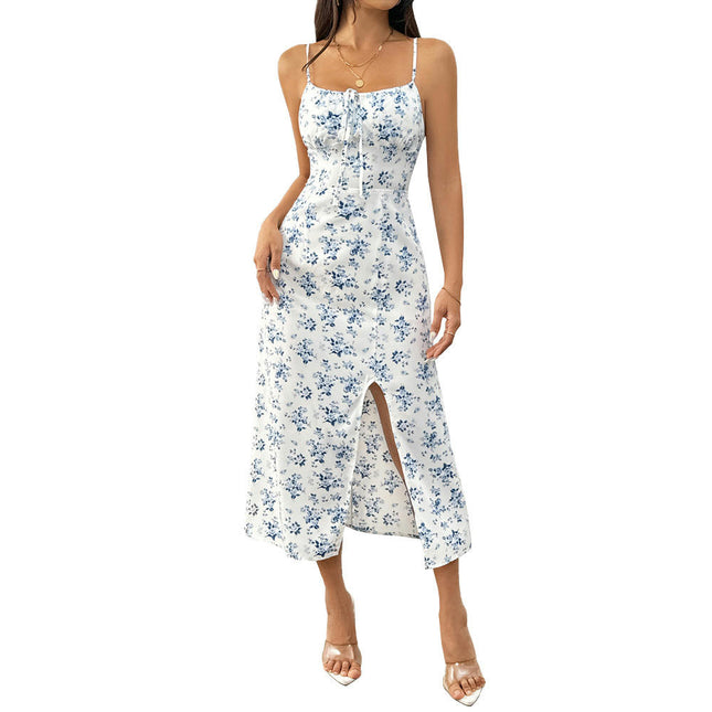 Women's Floral Summer Dresses Spaghetti Straps Square Neck Casual Split Midi Dress
