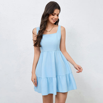 Summer Mini Dresses for Women Sleeveless Square Neck Tiered Ruffle A Line Beach Flowy Sundress