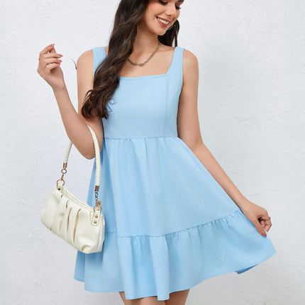 Summer Mini Dresses for Women Sleeveless Square Neck Tiered Ruffle A Line Beach Flowy Sundress