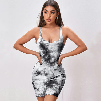 Women's Summer Sleeveless Tank Dresses Tie-Dye Bodycon Party Club Mini Dress