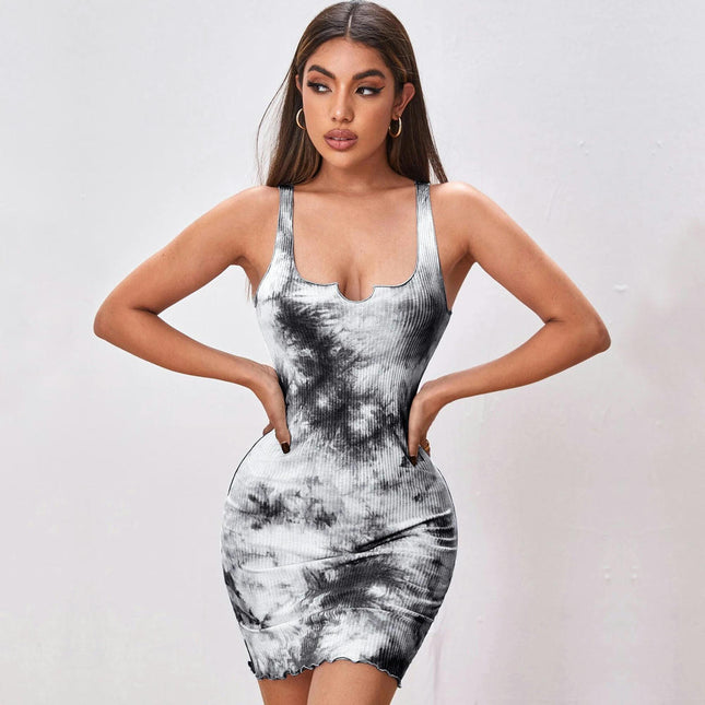 Women's Summer Sleeveless Tank Dresses Tie-Dye Bodycon Party Club Mini Dress