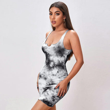Women's Summer Sleeveless Tank Dresses Tie-Dye Bodycon Party Club Mini Dress