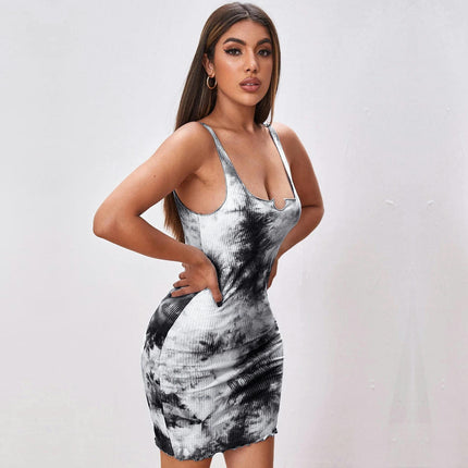 Women's Summer Sleeveless Tank Dresses Tie-Dye Bodycon Party Club Mini Dress