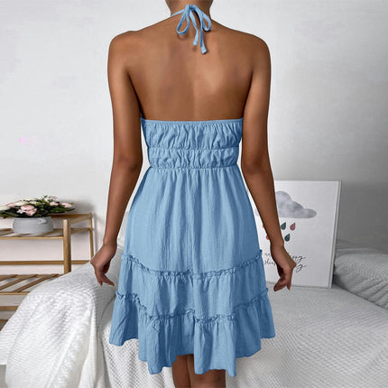 Womens Summer Sexy Mini Dress Halter V Neck Backless Ruffle A Line Flowy Dresses
