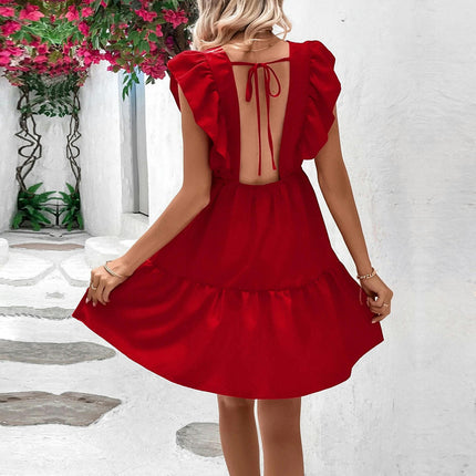Womens Summer Tie Backless Dress V Neck Ruffled Cap Sleeves A Line Mini Dresses