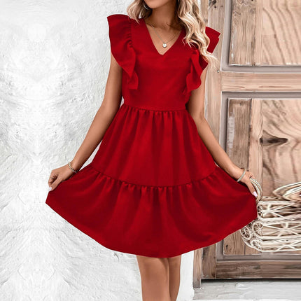Womens Summer Tie Backless Dress V Neck Ruffled Cap Sleeves A Line Mini Dresses