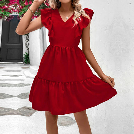 Womens Summer Tie Backless Dress V Neck Ruffled Cap Sleeves A Line Mini Dresses