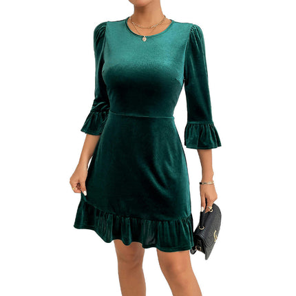 Women's Velvet Mini Dresses Crew Neck 3/4 Sleeve Ruffle Cocktail Party Dress