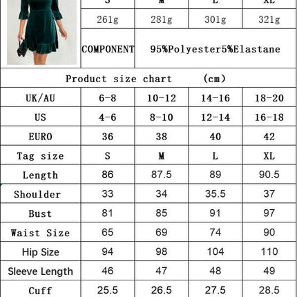 Women's Velvet Mini Dresses Crew Neck 3/4 Sleeve Ruffle Cocktail Party Dress
