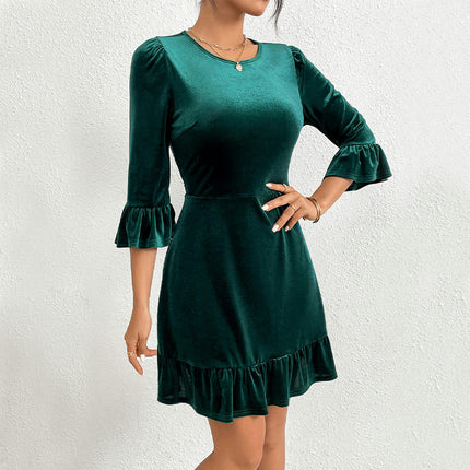 Women's Velvet Mini Dresses Crew Neck 3/4 Sleeve Ruffle Cocktail Party Dress