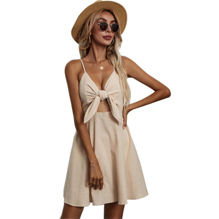 Womens Sleeveless Short Dresses Spaghetti Strap V Neck Bow Tie A-Line Flowy Mini Dress