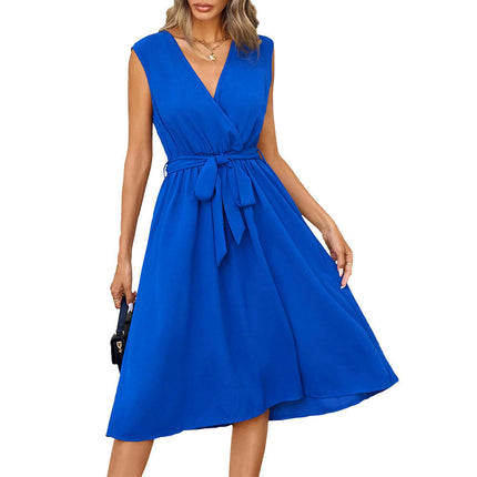 Womens Summer Midi Dress Sleeveless V-Neck Tie Waist A Line Flowy Dresses