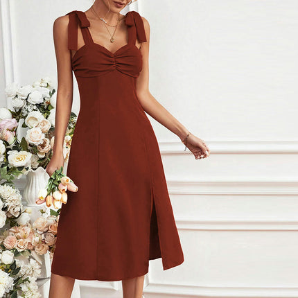Women Casual Sleeveless Dress Ruched Tie Strap A Line Split Boho Flowy Midi Sundress