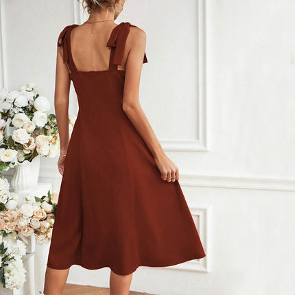 Women Casual Sleeveless Dress Ruched Tie Strap A Line Split Boho Flowy Midi Sundress