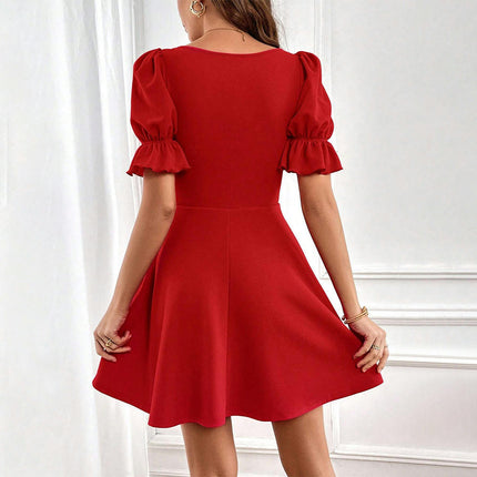 Women's Summer Casual Mini Dress Puff Short Sleeve Square Neck A-line Flowy Boho Dresses