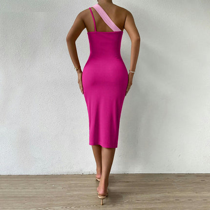 Women's Summer One Shoulder Bodycon Midi Dresses Color Block Casual Sleeveless Slit Dress