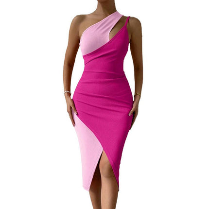 Women's Summer One Shoulder Bodycon Midi Dresses Color Block Casual Sleeveless Slit Dress