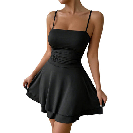 Womens Spaghetti Strap Mini Dress Sleeveless Layered Ruffle Flowy Dresses